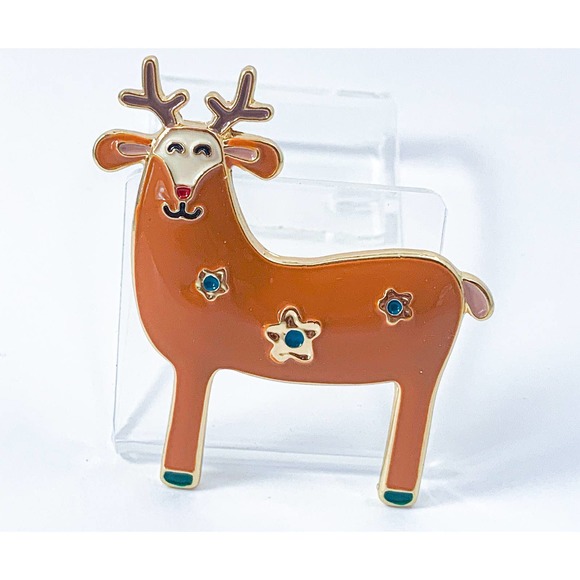 Happy Reindeer with Red Nose - Super Cute Enamel Christmas Brooch/ Pin - Picture 1 of 4